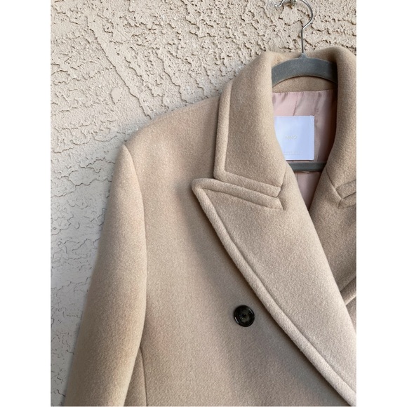 MANGO NWOT Neutral Camel Beige Long Double Breasted Virgin Italian Wool Coat S - Picture 10 of 16